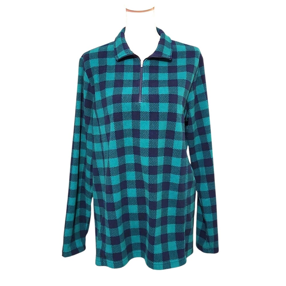 Lands’ End Fleece Pullover Top 1/4 Zip Navy & Green Check Women’s Size L/T 14-16